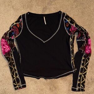 Free People Black Top with Pink and Gold Floral Sleeves
